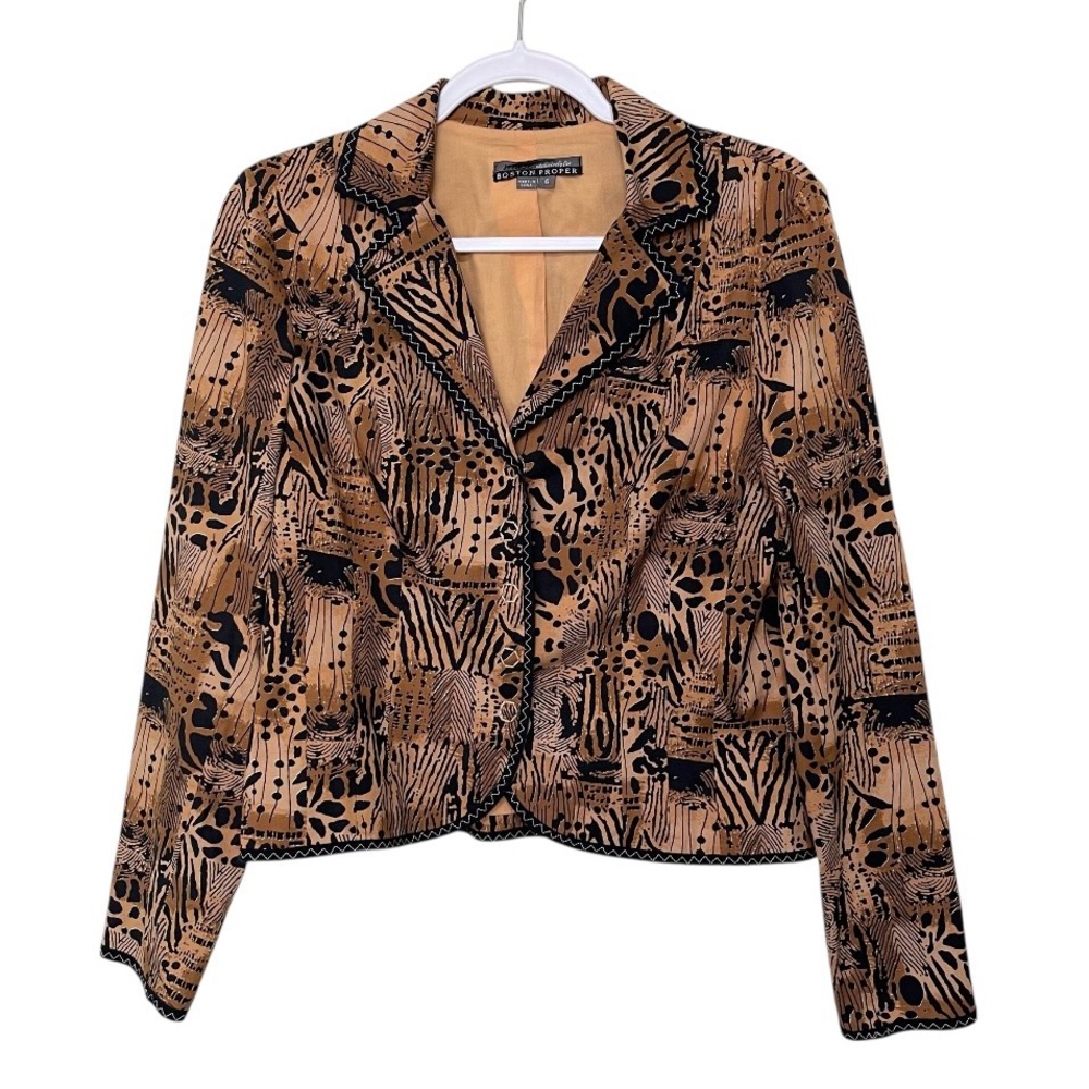 Muse Boston Proper Mixed Animal Print Blazer Jacket Snap Buttons Cotton Size 6